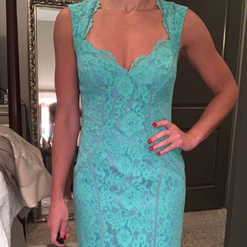 Nicole Miller Teal Lace Corset Cocktail Dress 💕
